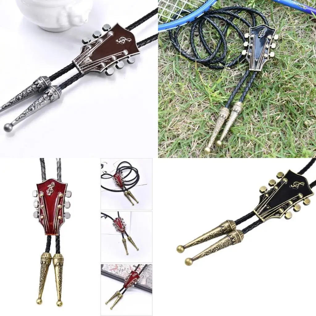

39BD Enamel Guitar Music Pendant Bolo Tie Western Braided Faux Leather Rope Necktie Shirt Collar Chain American Necklace
