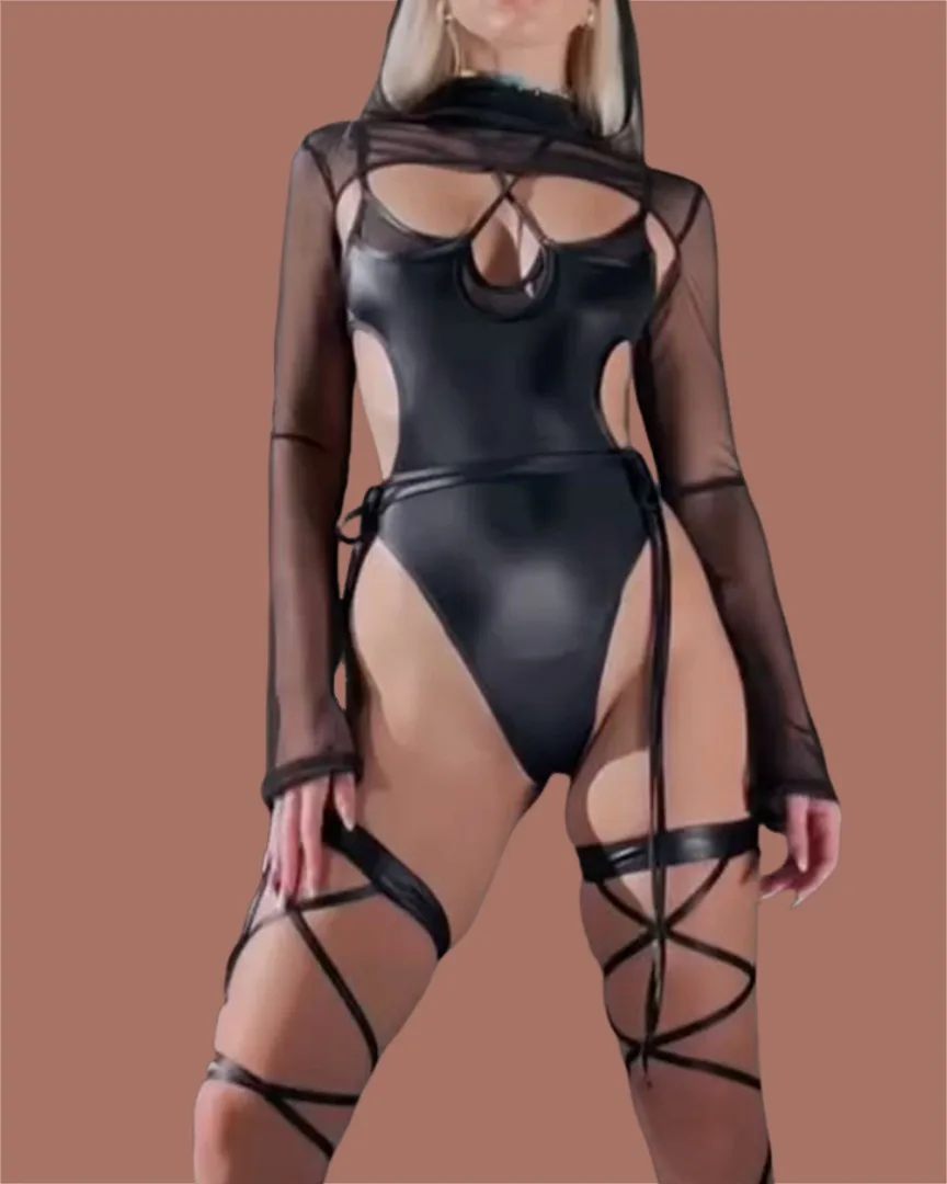 

Ellolace Leather Fetish Women's Lingerie Sets Bold Long Sleeve Cover Bodysuit Sexy Entwined Strappy Patchwork PU Women's Outfit