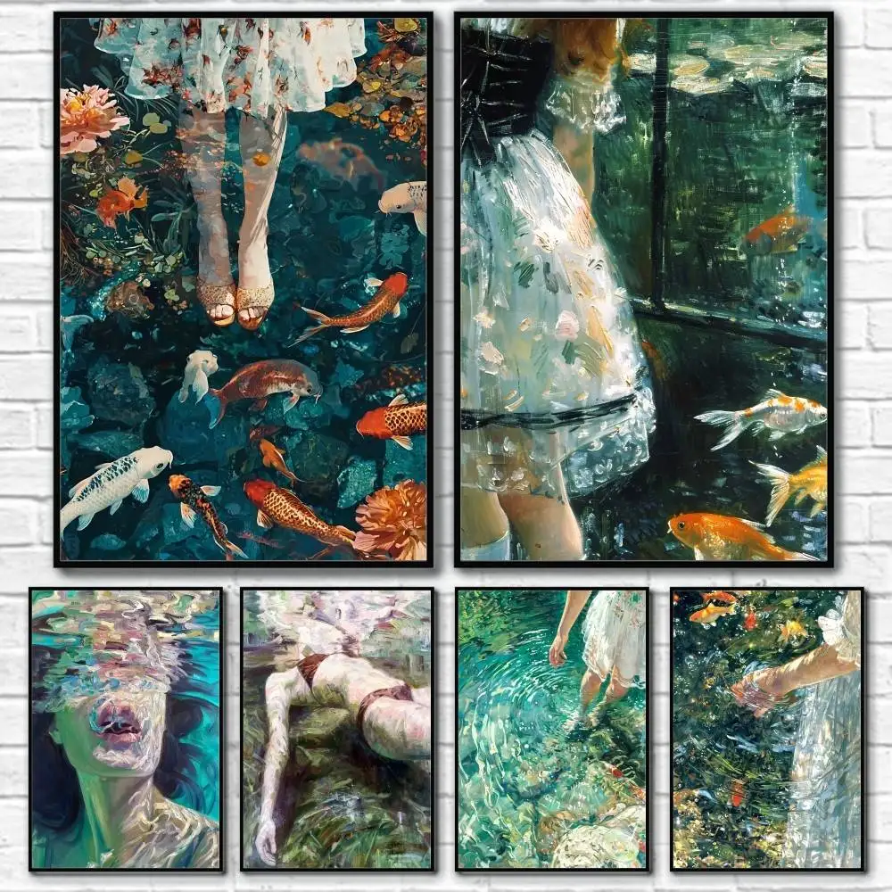 

Summer Pool Oil Painting Poster Home Living Bed Room Bar Hallway Sticky Wall Art Printing Waterproof Aesthetic Decor