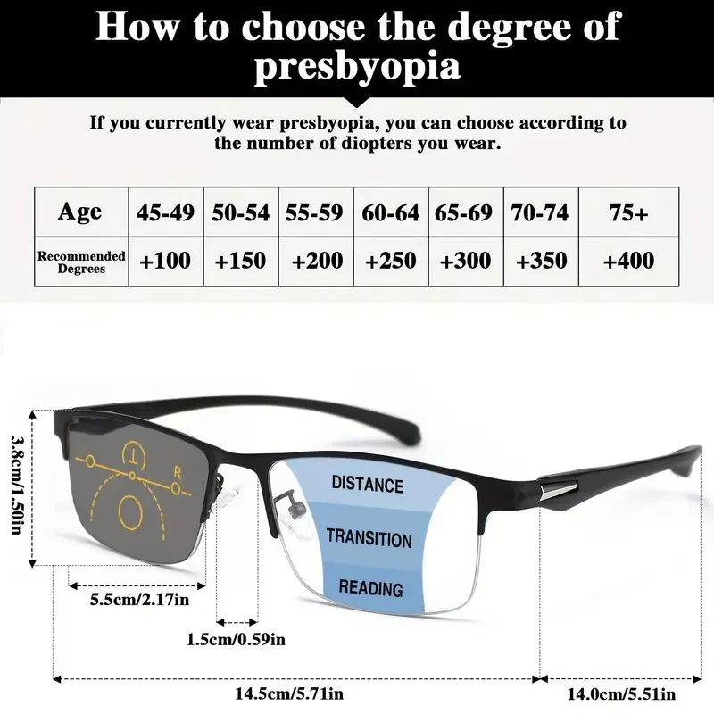 2 Stück Unisex-Mode-Metallhalbrandige photochrome progressive multifokale Lesebrille – Blaulichtblockierung für den Außenbereich 1.0 – Detail 5