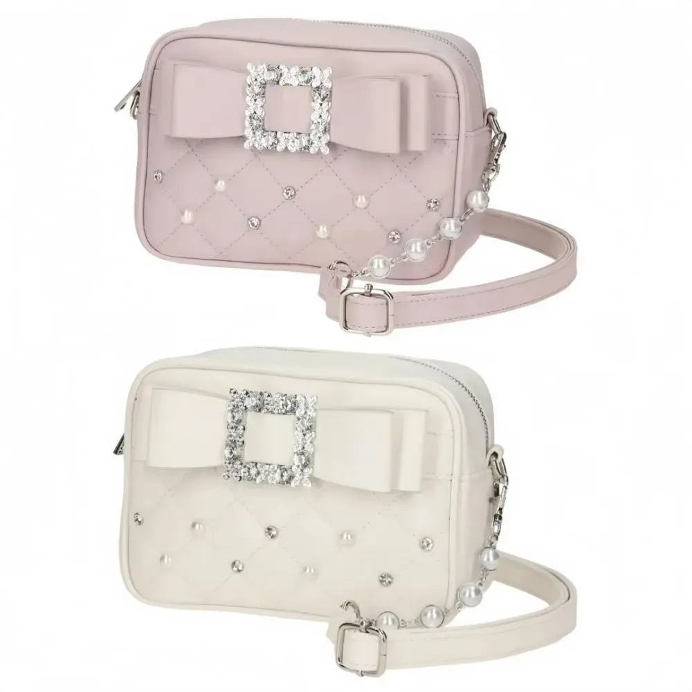 Diamond Pattern Pearl Crossbody Bag Bow Style Rhinestone Accent Small Square Bag Adjustable Strap Shoulder Bag for Young Girls