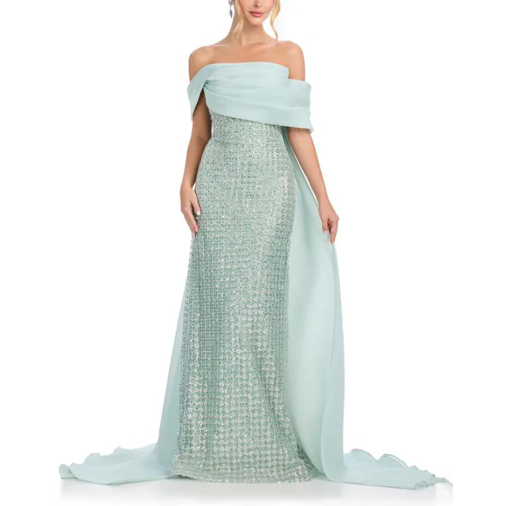 Customized Glitter Evening Dresses Off the Shoulder Train Special Occasion Dress for Women Pleated Mermaid Arabic Dubai Gown