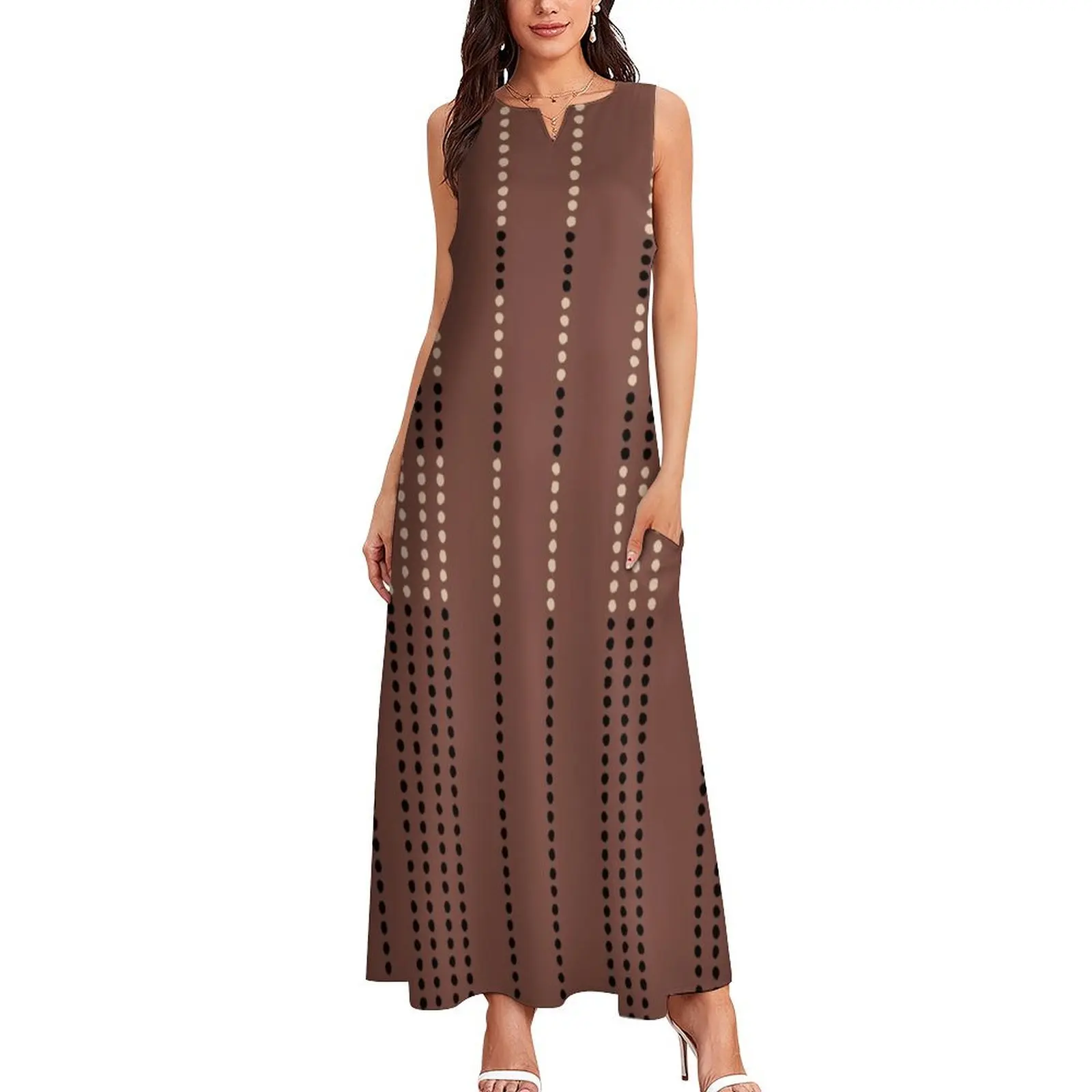 Ethnic Amazonian Spotted Stripes, Dark Terracotta, Black and Ivory Long Dress dress women summer 2024 womens clothing