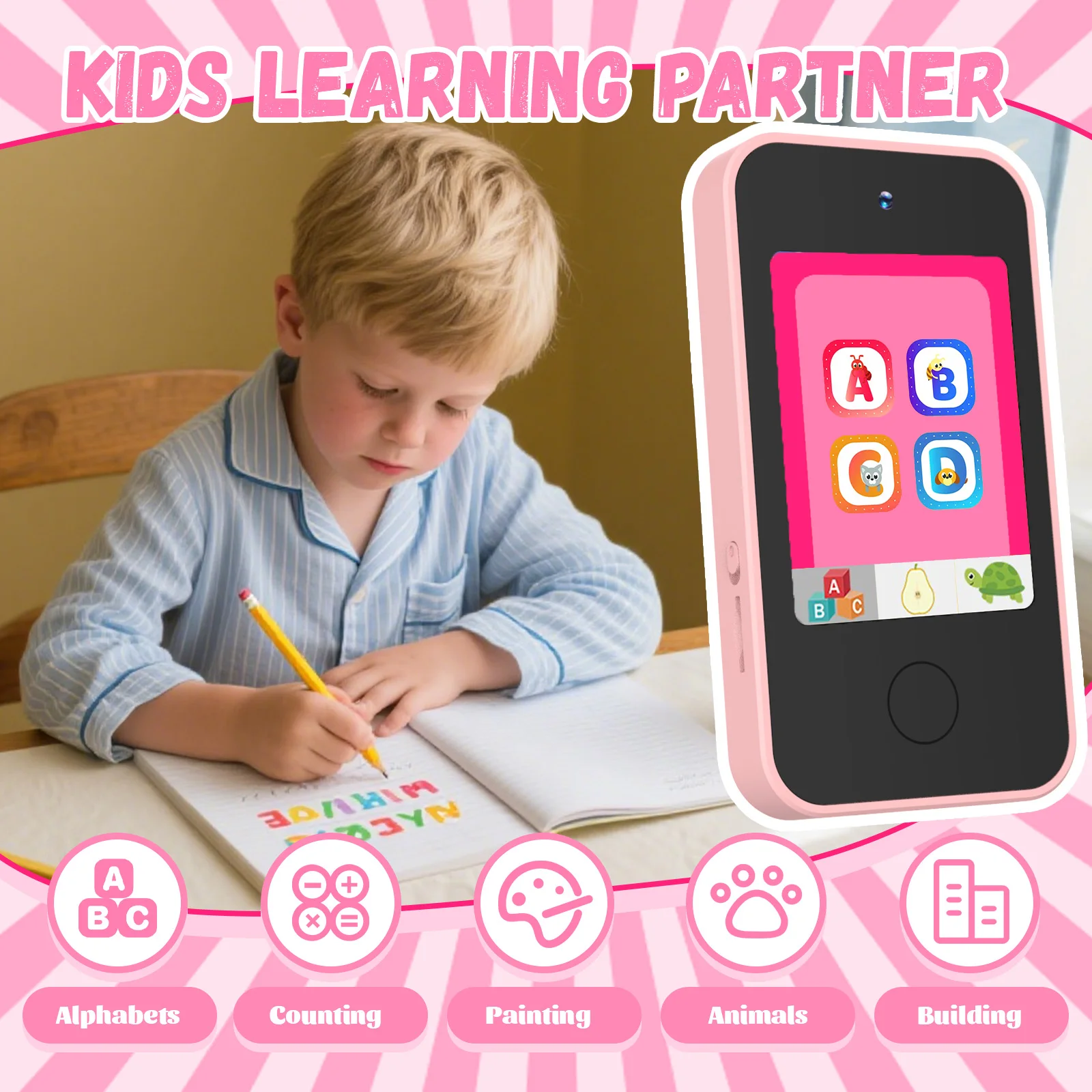 هاتف ذكي للأطفال، كاميرا مزدوجة، شاشة لمس 2.8 بوصة، شاشة IPS 720P، بطارية، شحن USB-C، مناسبة للأطفال 4+