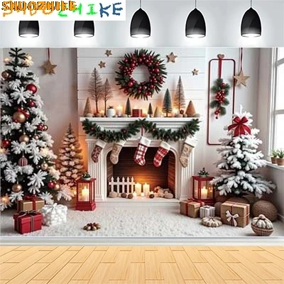 

Christmas Day New Year Party Photography Backdrops Prop Window Living Room Interior Xmas Tree Snow Theme Photo Background FN-69