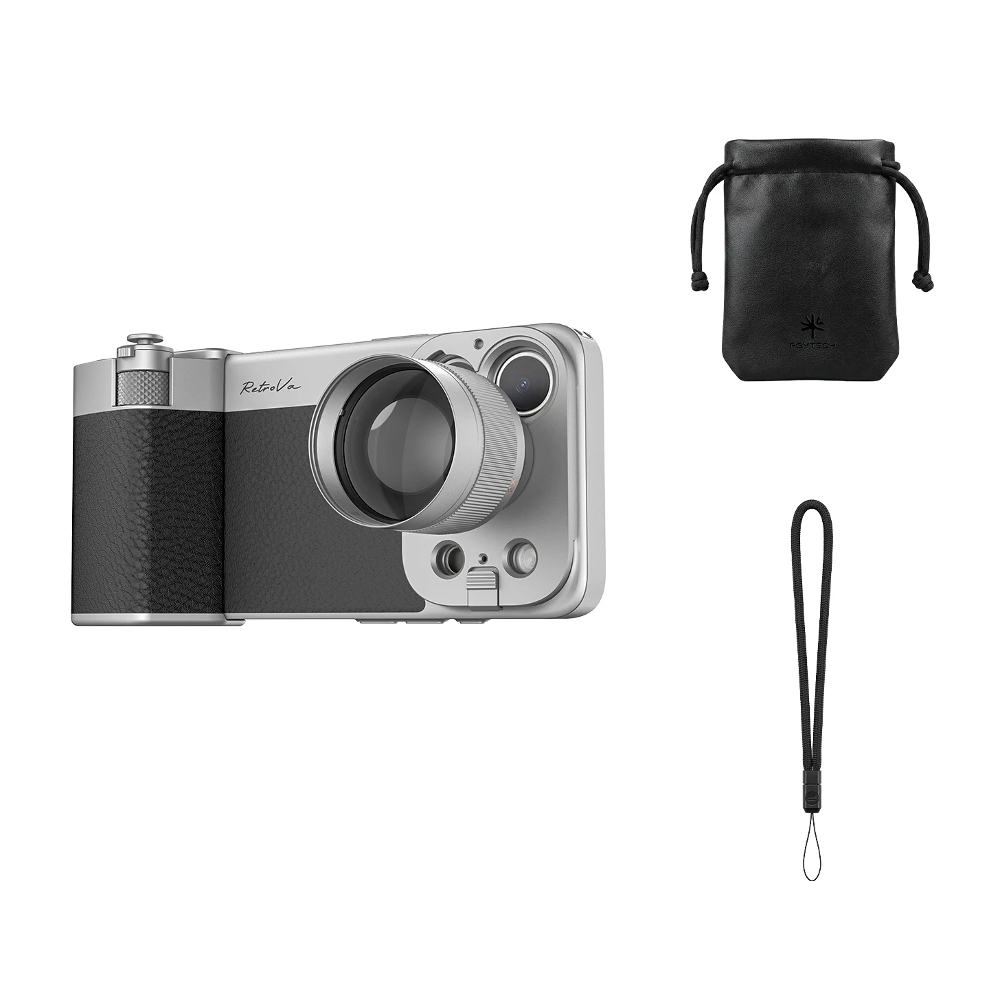 PGYTECH RetroVa 2X/4X telelens voor iPhone 17/18 Pro/Pro Max, inclusief telefoonhoesje.
