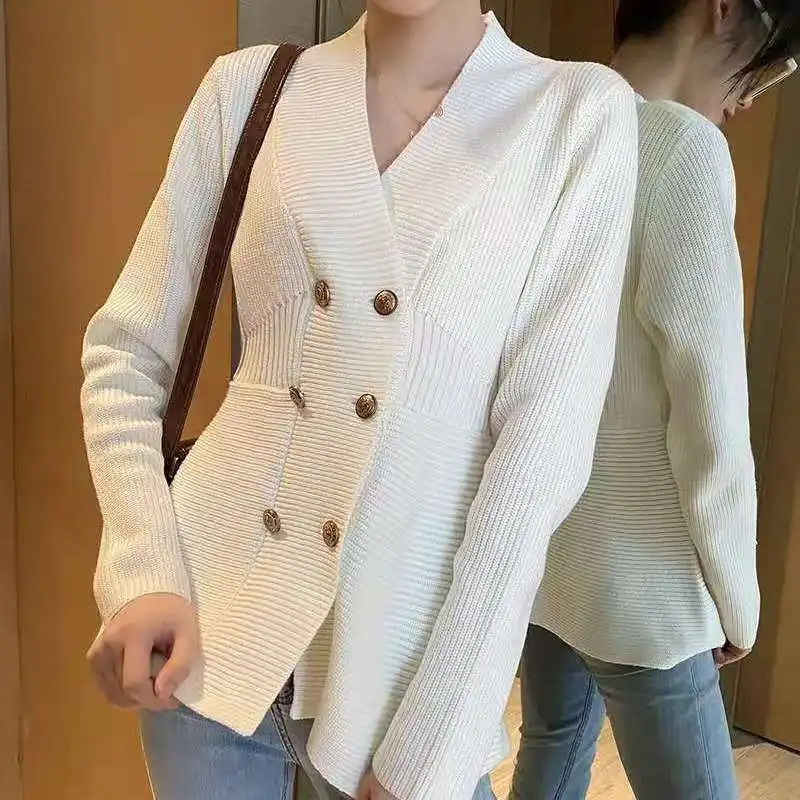 Autumn Women Slim Knit Cardigan Sweater Elegant Fashion Double Breasted V-Neck Casual Sweater Female Thick Warm Sweater Coat