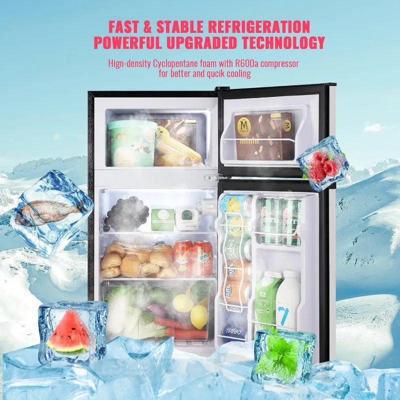 Kulkas kecil dengan Freezer 3.5 Cu.Ft kulkas Mini dengan Freezer di atas pintu ganda kulkas kecil untuk kamar tidur kantor perak