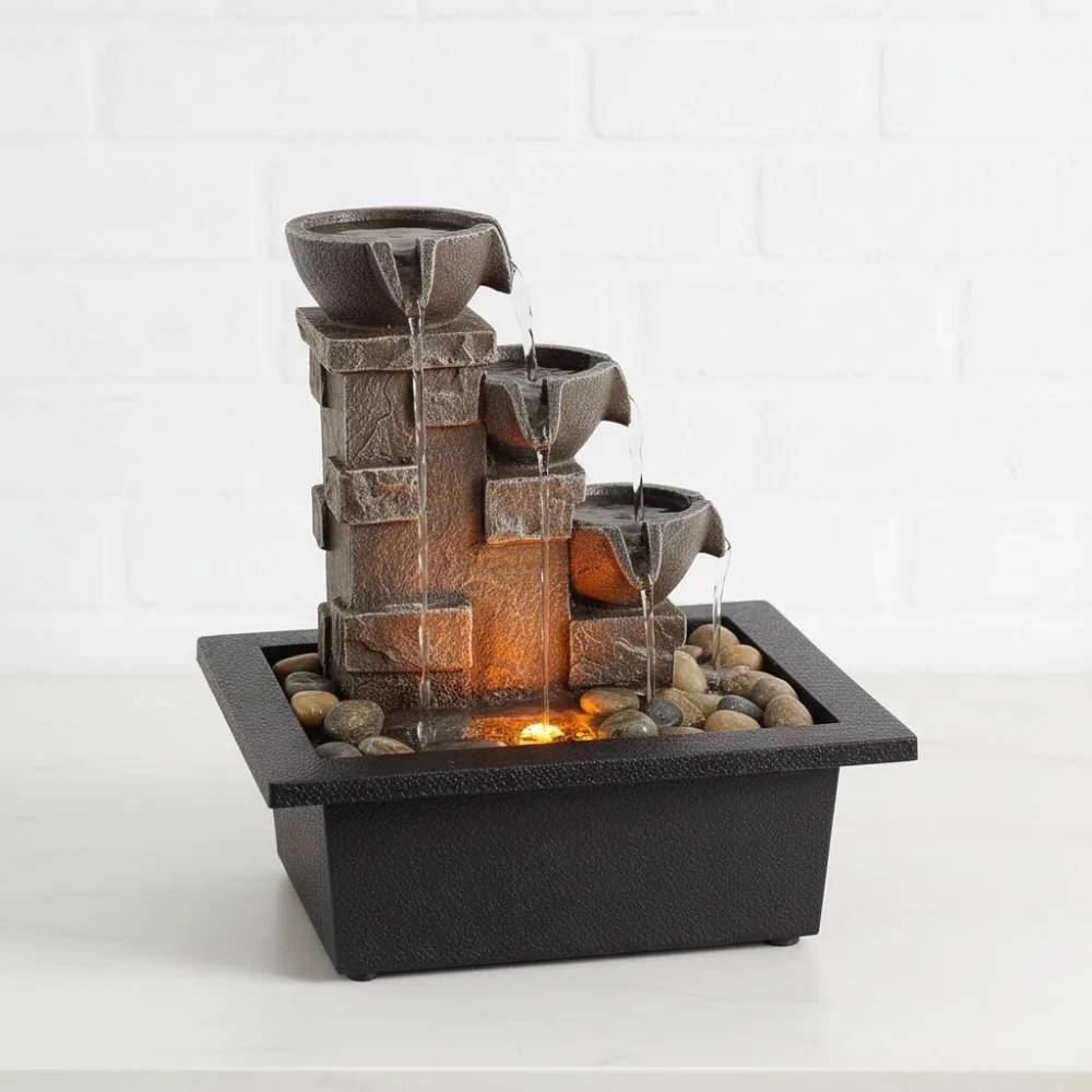 نافورة شلال زن من 3 طبقات مع أضواء LED - ديكور سطح المكتب من صخور النهر الطبيعي للتأمل والاسترخاء في المكتب #1