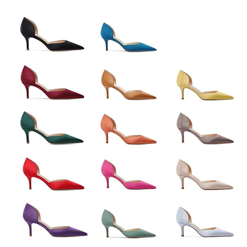 Light Color Simple Style High Heels Women New Summer Sexy Hollow Pumps Pointed Toe Slim Satin Slip-on 6cm Medium Stiletto Shoes