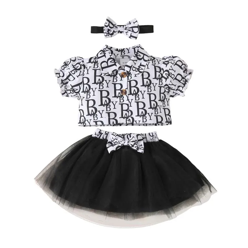 

Toddler Girls Clothes 3Pcs Sets 1-3 Years Lantern Short Sleeve Lapel Letter Short Top Bow Tie Mesh Dress Hairband Baby Outfits