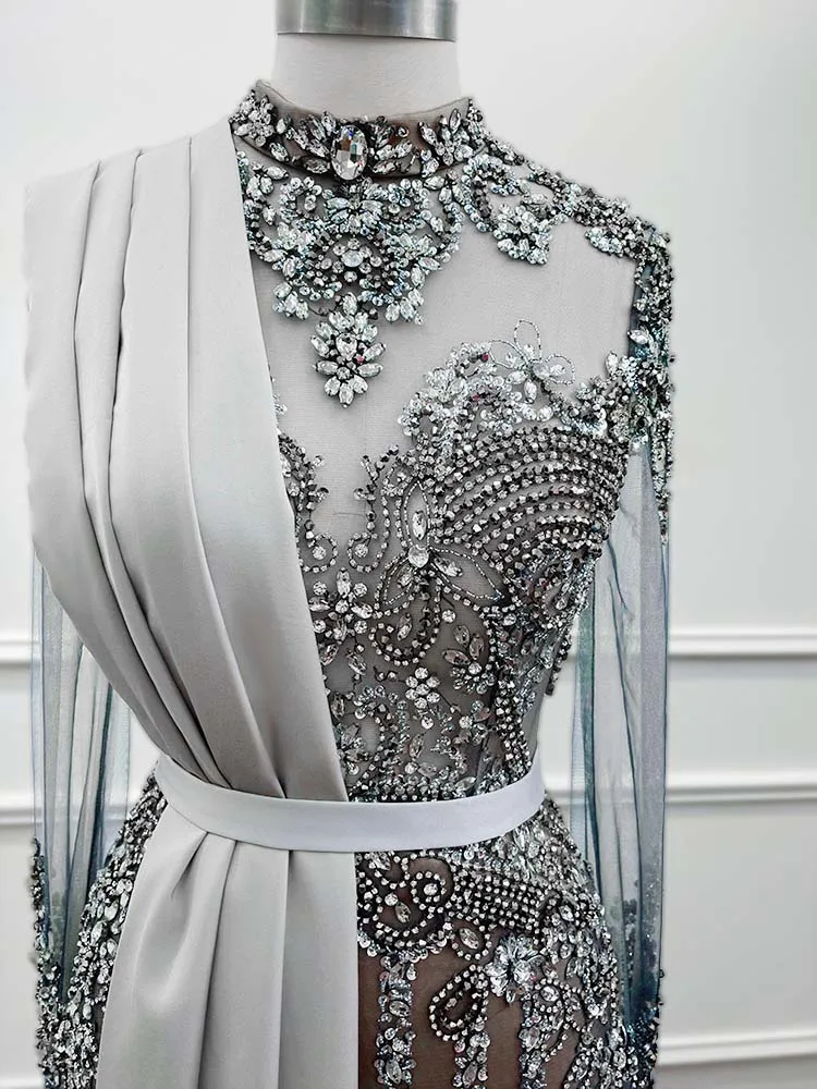 Luxury Dubai Gray Evening Dress 2024 Arabic Exquisite Sequined Crystal Beaded Illusion Formal Party Prom Gown Robe De Soiree