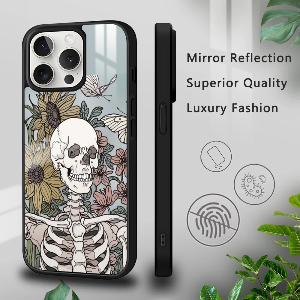 

Flower Skull Light Color Phone Case For iPhone 15 14 13 12 11 Pro Xs Max Mini XR X 7 8 Plus luxury Mirror Hard Funda Cover
