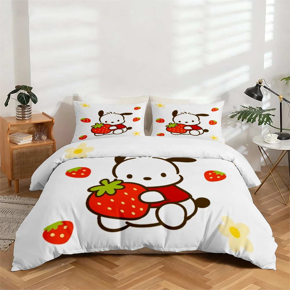 

3-Piece High-Definition Digital Print Bedding Set, Pacha Dog Pattern with Strawberry Elements, Large Floral Design Duvet Cover Set, Includes 1 Duvet Cover + 2 Pillowcases, Suitable for Bedroom, Guest Room, Home Decoration, Polyester Fiber Duvet Cover + Pi