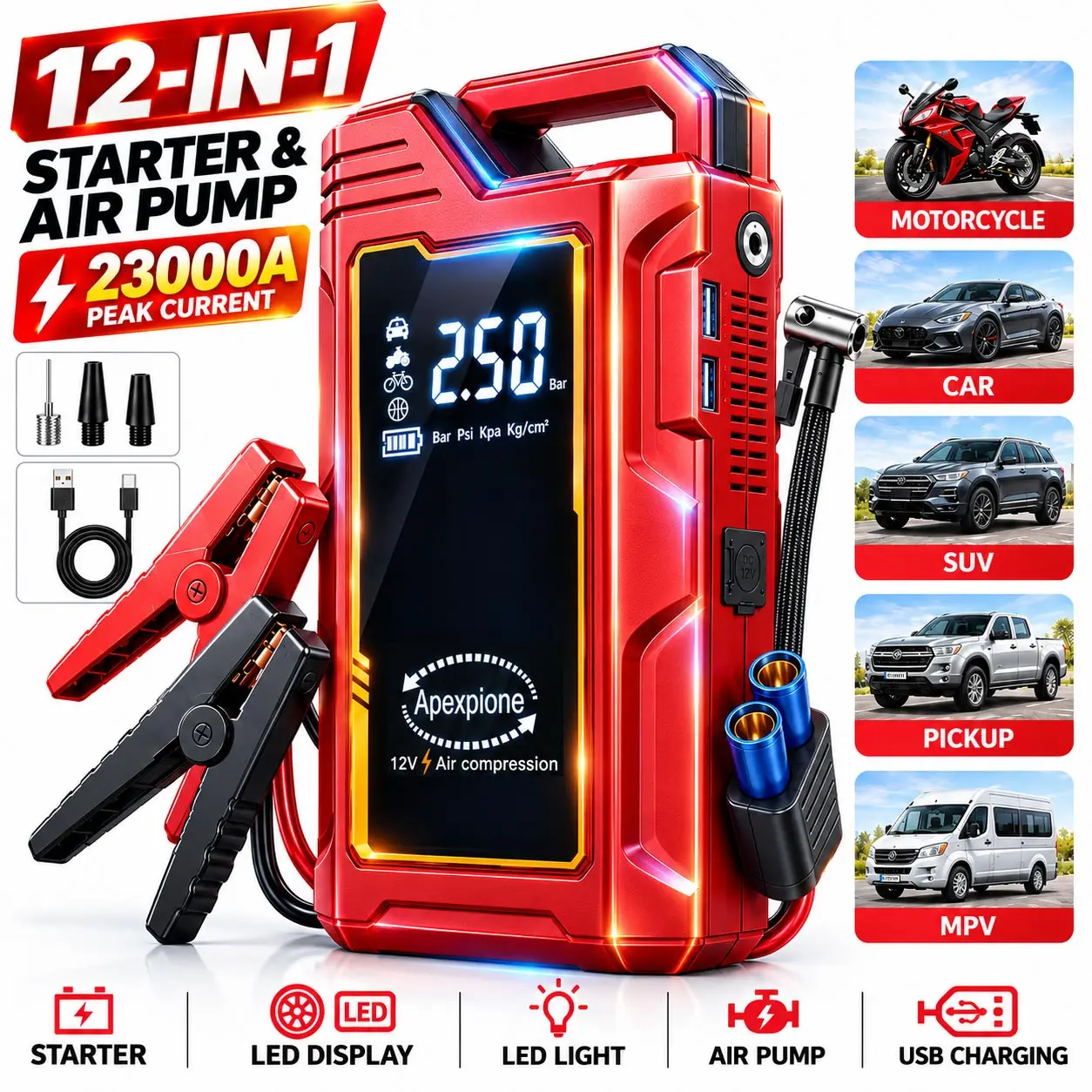 High Peak Portable Car Emergency Starter with 250PSI Air Compressor, Portable Battery Booster Pack, Featuring Emergency Start, Tire Inflation, USB Input/Output, LED Lighting, LCD Digital Display - A Multi-functional Automotive R
