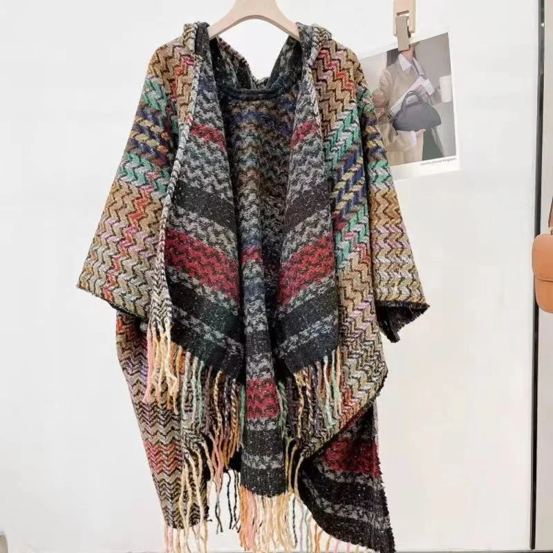 2024 Knitted Cloak Coat Women\'s Cape Sweater Autumn Winter Thicken Retro Ethnic Style Hooded Mantle Wave Lattice Tassels Cloak