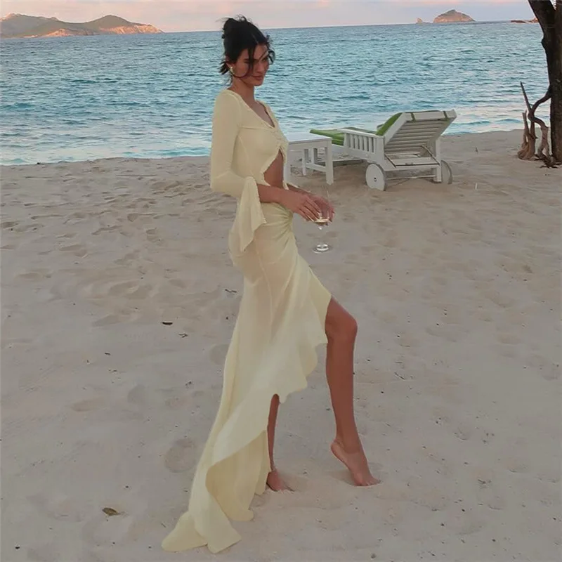 Nibber maille Robe concise femmes classique vacances Style à manches longues découpé froncé Robe asymétrique femme tenue élégante