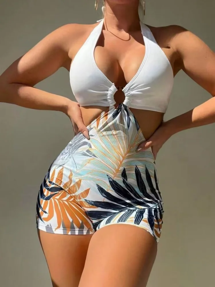 

One Piece Swimsuit Women 2025 New Solid Print Halter Sexy Bodysuit Swimwear Summer Monokini Beach Wear Bathing Suit For Female