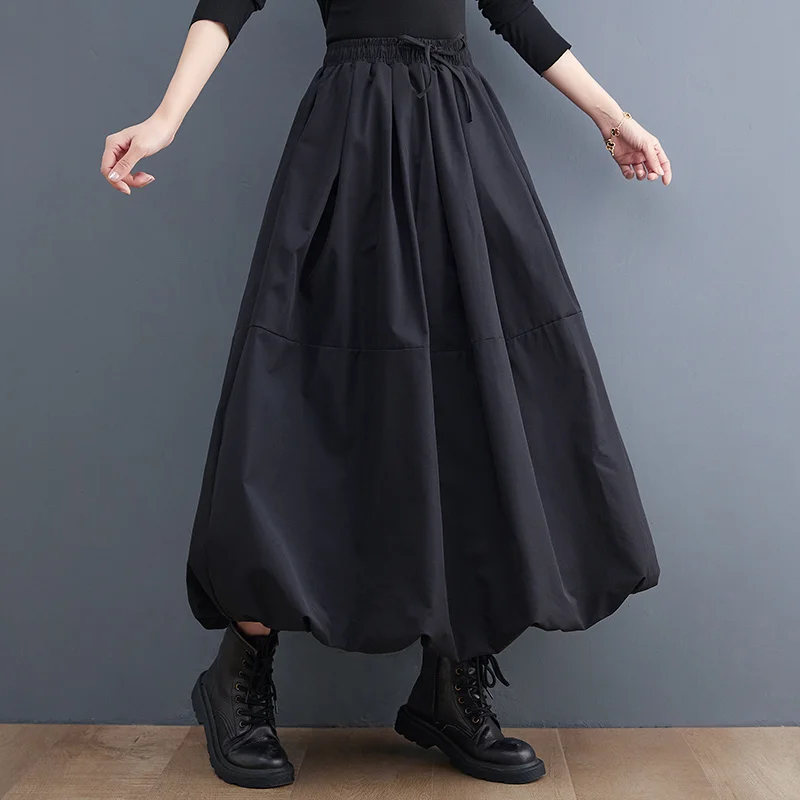 #3021 Spring Black A-line Skirt Women Pockets Long Tulle Skirt High Waisted Midi Skirt Female Loose Vintage Gothic Skirt Ladies