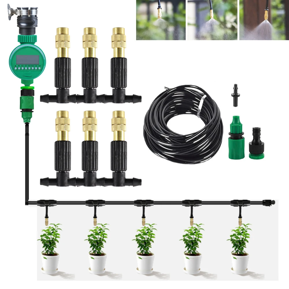 

5M-30M Outdoor Misting Cooling System Garden Irrigation Watering 1/4'' Brass Atomizer Nozzles 4/7mm Hose for Patio Greenhouse