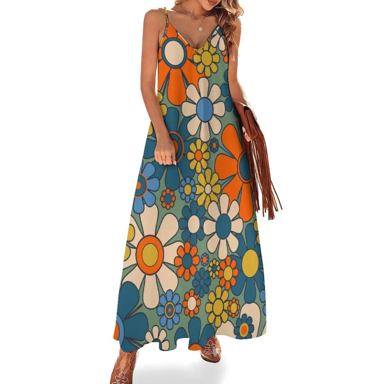 

Retro Garden Flowers Groovy Multicolor 60s 70s Floral Pattern Green Blue Orange Mustard Sleeveless Dress