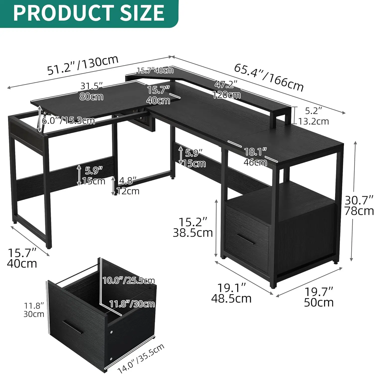 Shaped Desk with File Drawer Large Computer Corner Desk with Lift Top Standing Desk Height Adjustable with Monitor Stand