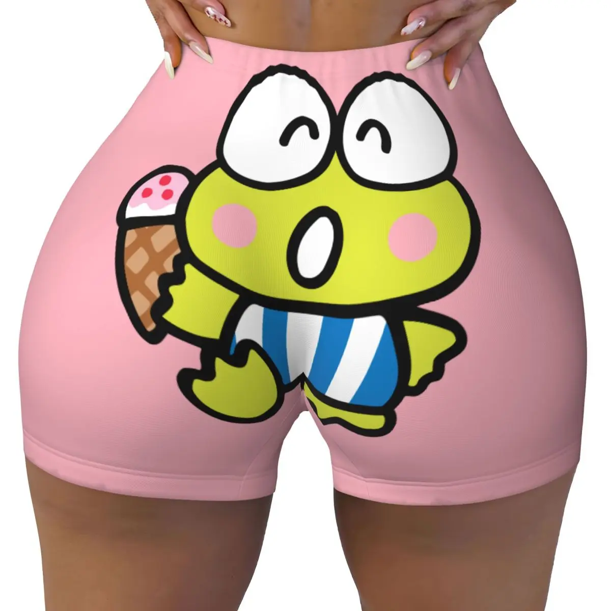

Custom Keroppi Cute Cartoon Workout Shorts Women's Big-eyed Frog Anime Gym Running Biker Yoga Shorts