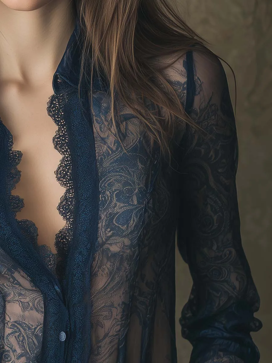 Sexy V Neck Women Shirt Fashion Elegant Paisley Print Lace Trim Long Sleeve Sheer Tops Blouses Casual Streetwear Female Clothing