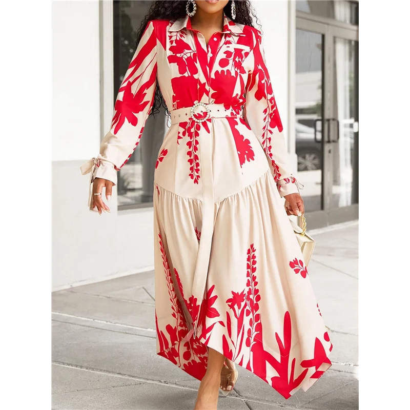 【SEE】Abito floreale autunnale da donna Boho a maniche lunghe con risvolto Midi vestito fluido