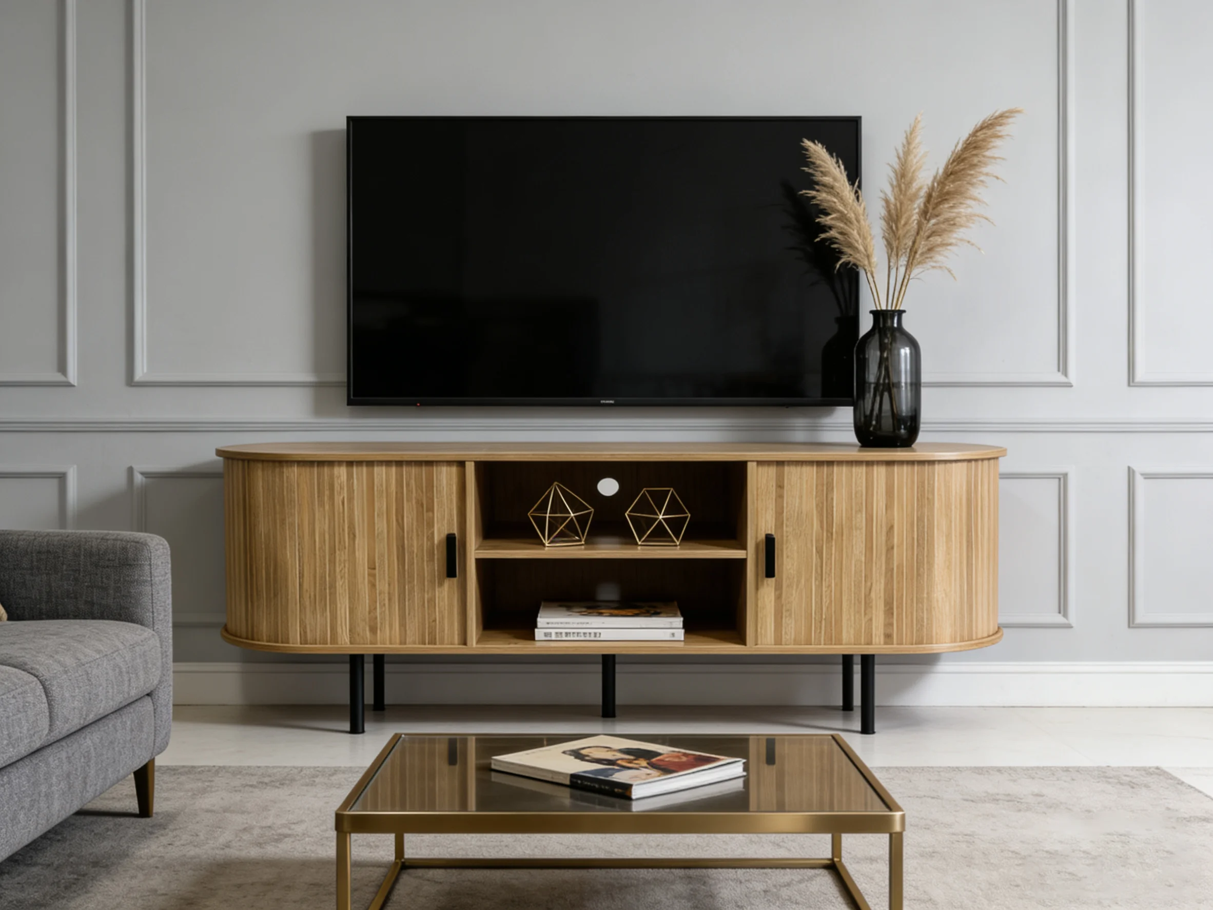 

！@Combohome Modern Style MDF LED TV Stand with Metal Legs for Living Room 2 Shelves & Door Natural Oak Color Fits 60-64" TVs