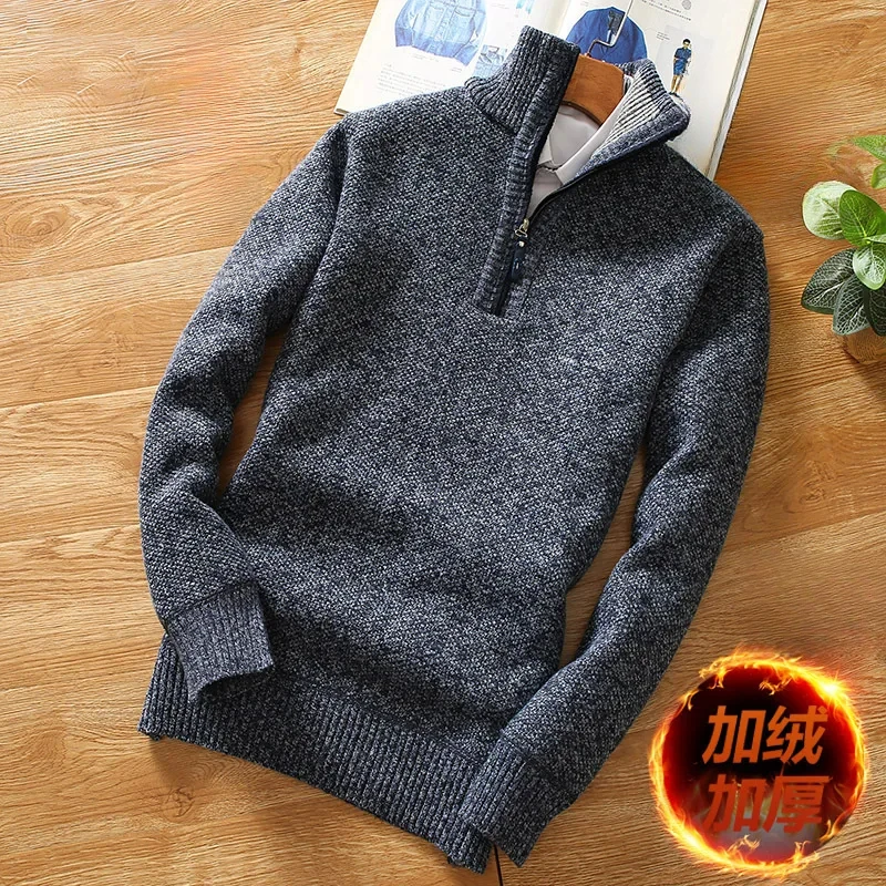 Men's New Autumn-Winter Stand-Collar Pullover Knit Sweater, Solid-Color Thickened Fleece-Lined Casual Base-Layer Top For Youth