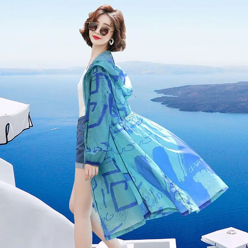 

Women's Long Hooded Jacket Sun Protection Clothing Summer Autumn Thin Coat Sportswear Korean Fashion Sunscreen Thin Coat A399