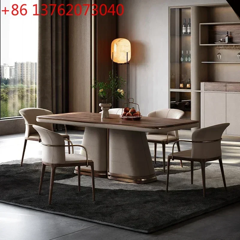 Rock Board Tables Modern Rectangle Dining Table Style North American Black Walnut Restaurant Solid Wood Genuine Leather Chair