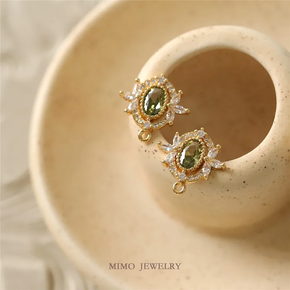 

Copper Plated Real Gold Retro Oval Zircon Olive Green Stud Earrings DIY Handmade Charm Accessories E004