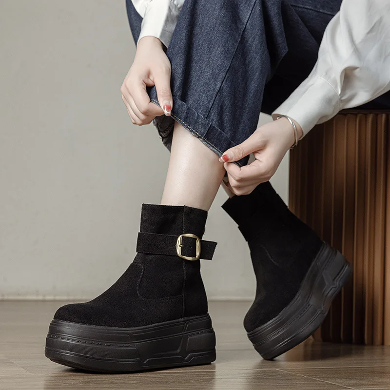 

2025 Winter New Female Women Boots British Wind Increased 7CM High Heel Platform Boots Fashion Plus Velvet Women's Shoes