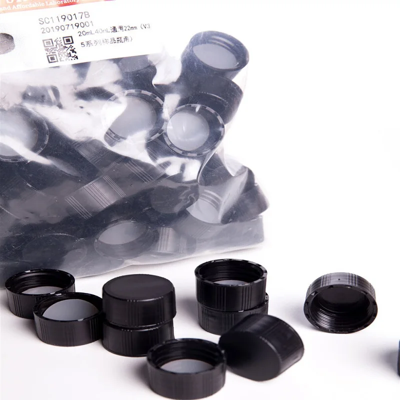 Black cover for 20mL / 40mL sample bottle with threaded port 24-425, No hole / With hole, With gasket, 100 pieces/pack, SC11