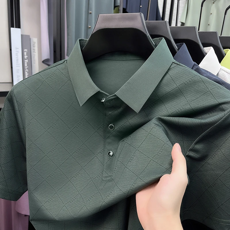 2026 Summer Leisure Men T-Shirt Collared Quick Dry Short Sleeve Geometric Checked Mid-Age Work Commute Outfit T Shirt Man