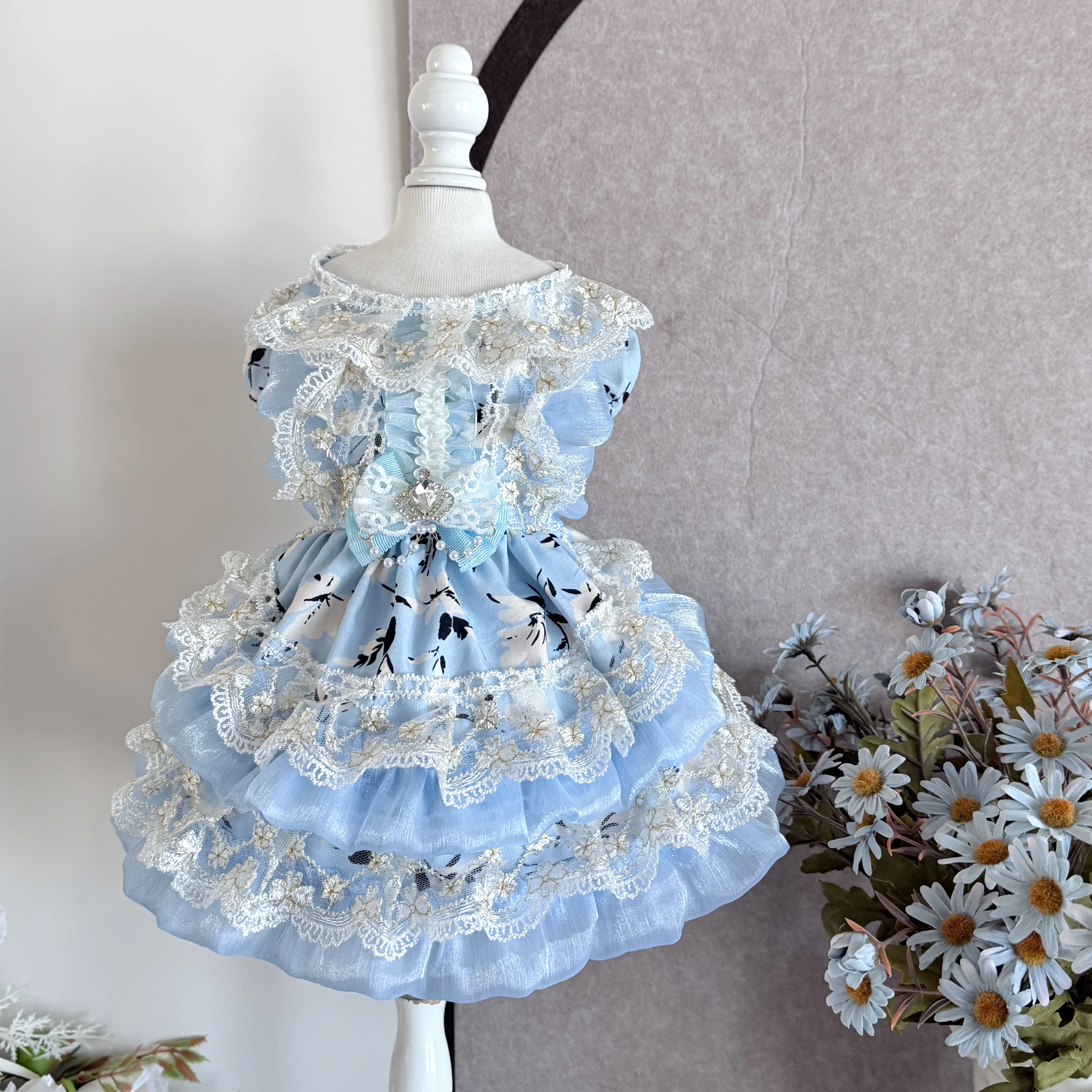 

Flower Print Puppy Dog Cats Clothing Fashion Elegant Blue Handmade Princess Dresses for Small Medium Dogs Chihuahua Pet Clothes