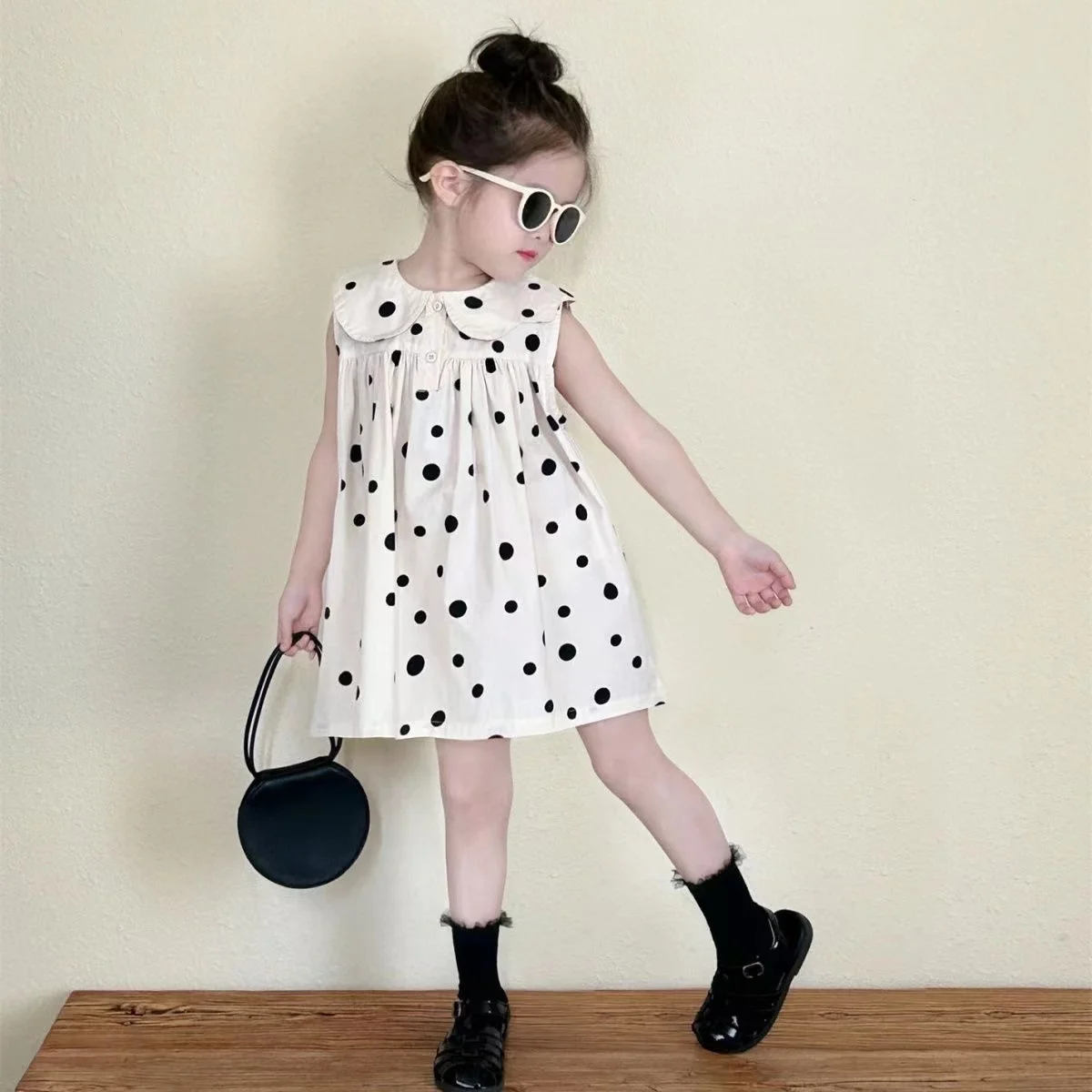 Vestido com estampa de bolinhas infantil, solto, casual, verão