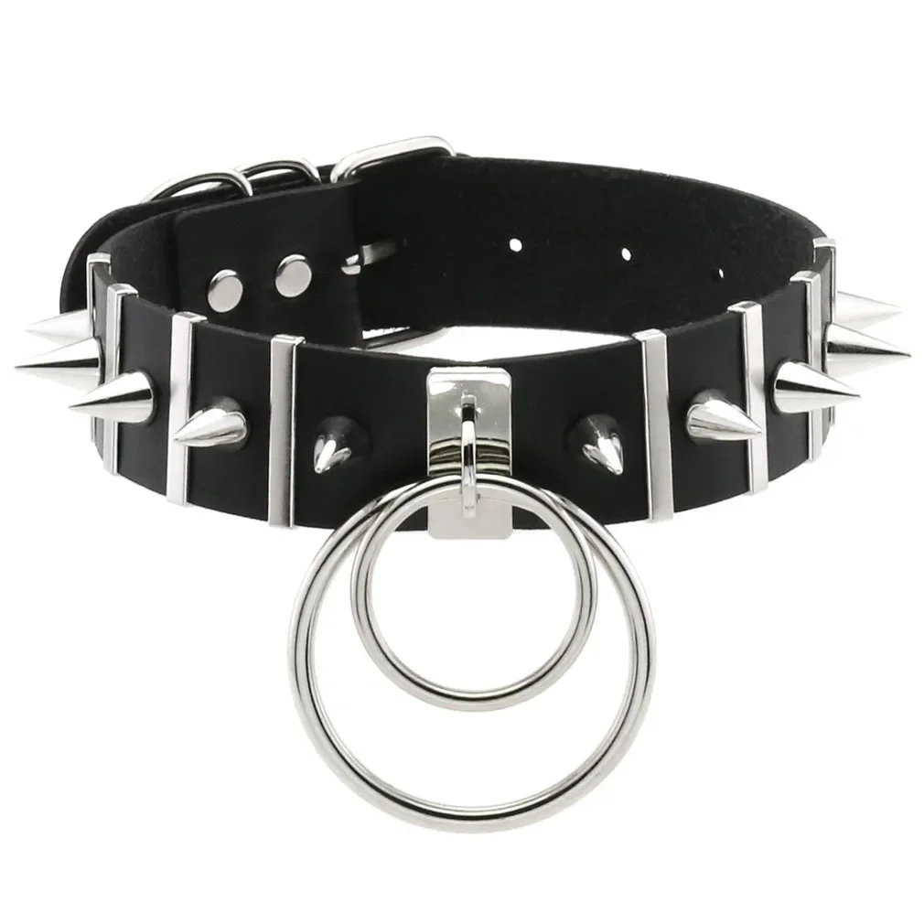 Punk Harajuku Rock and roll Night club Individuality Exaggerate Dark Soft girl Spike Rivet Double ring pendant Leather Choker
