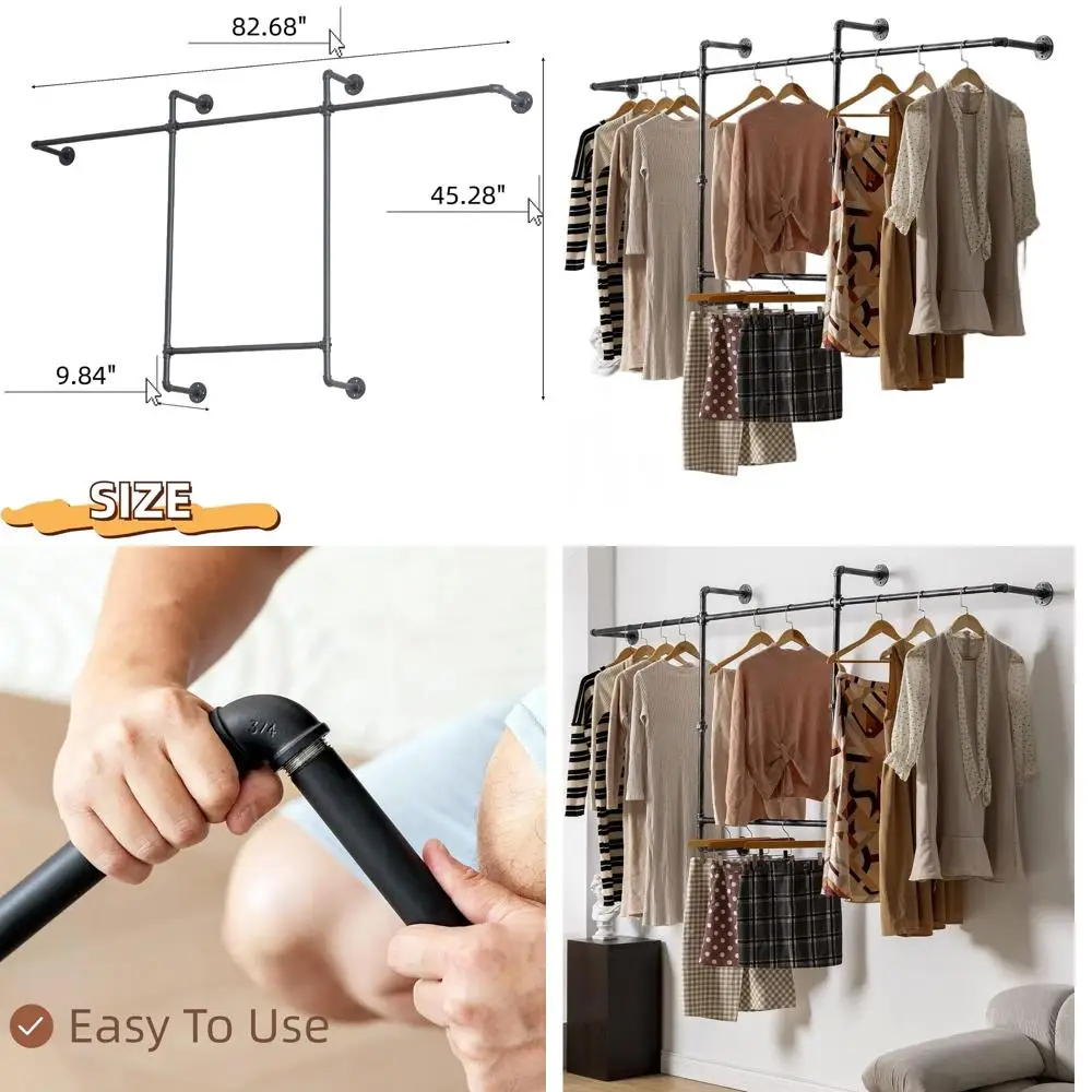 

Настенная вешалка для одежды из черной металлической трубы - прочный органайзер для одежды