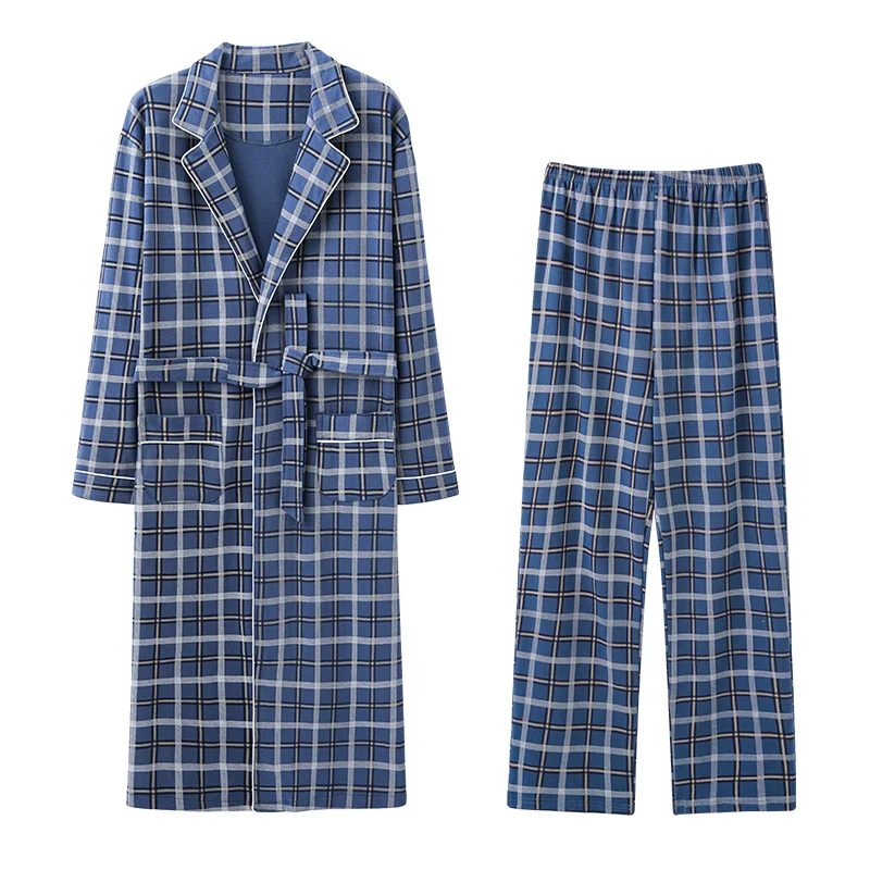 Men’s Cotton Robe Long Sleeve Kimono Bathrobe With Long Pants 2pcs Robes Set Sleepwear Spring Autumn V-Neck Plaid Pijamas Hombre