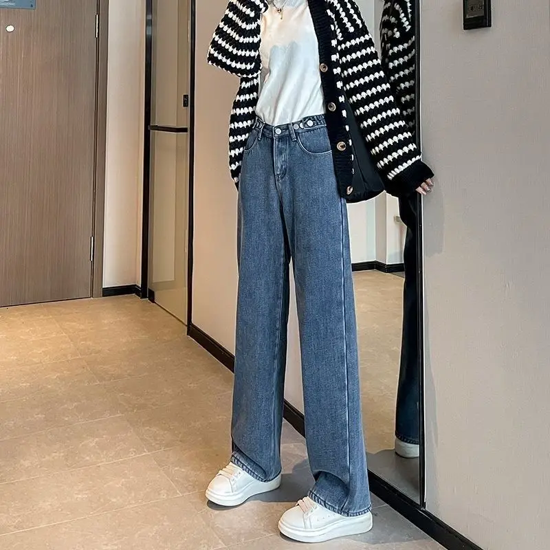 Autumn Winter New Fashion High Waist Solid Button Jeans Women's Clothing Pockets Trend Straight Loose Casual Simplicity Pants