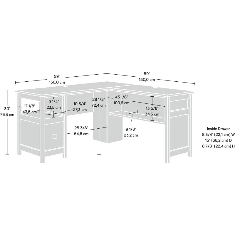 Cannery Bridge L-стол, L: 59,06 дюйма x Ш: 59,06 дюйма x в: 30,04 дюйма, покрытие из Мистик-дуба