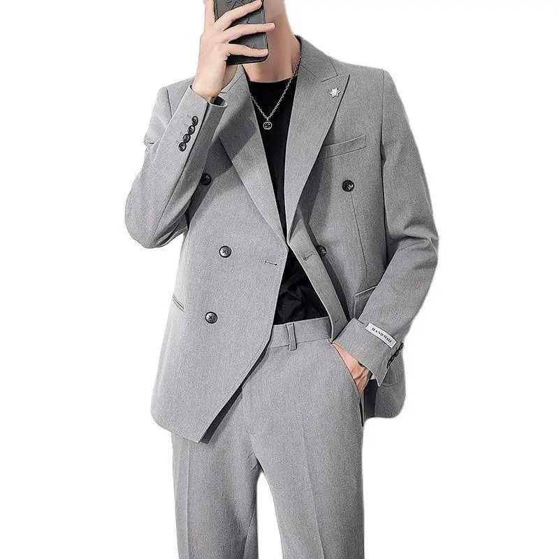 Men's Suits & Blazers 2024(Jacket +Pant) Lightly Cooked Korean Style Slim-fit Double-breasted Casual Loose Suit Solid Color