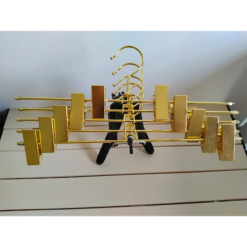 5PCS Custom Metal Golden Pants Skirt Hangers with Clips Adjustable Clip Trouser Hangers Clip Hangers for Adult Jeans Pants Racks