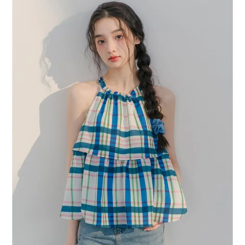 2024 New Summer Sleeveless Contrast Plaid Hanging Neck Top for Women's Korean Edition Loose and Slim Appearance Tank Top