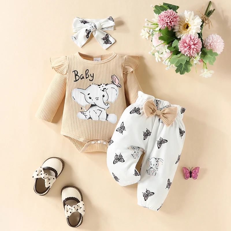 Baby Clothing 3Pcs Outfits Girls Set Elephant Monogram Print Slat Jumpsuits Elastic Waist Trousers Hairband 0-18 Months