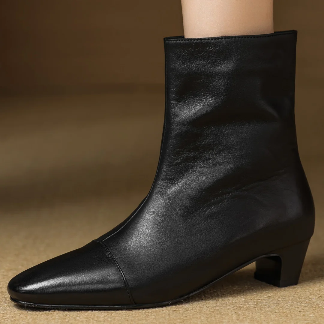 

Women's cow leather round toe slip-on autumn ankle boots 4cm thin med heel elegant ladies OL style daily slim dress short boots