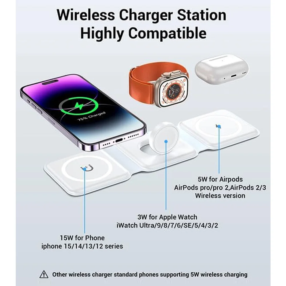 3-in-1 Wireless Charging Station for Apple Charger, Foldable Magnetic Travel Charger for iPhone Apple Watch AirPods Pro